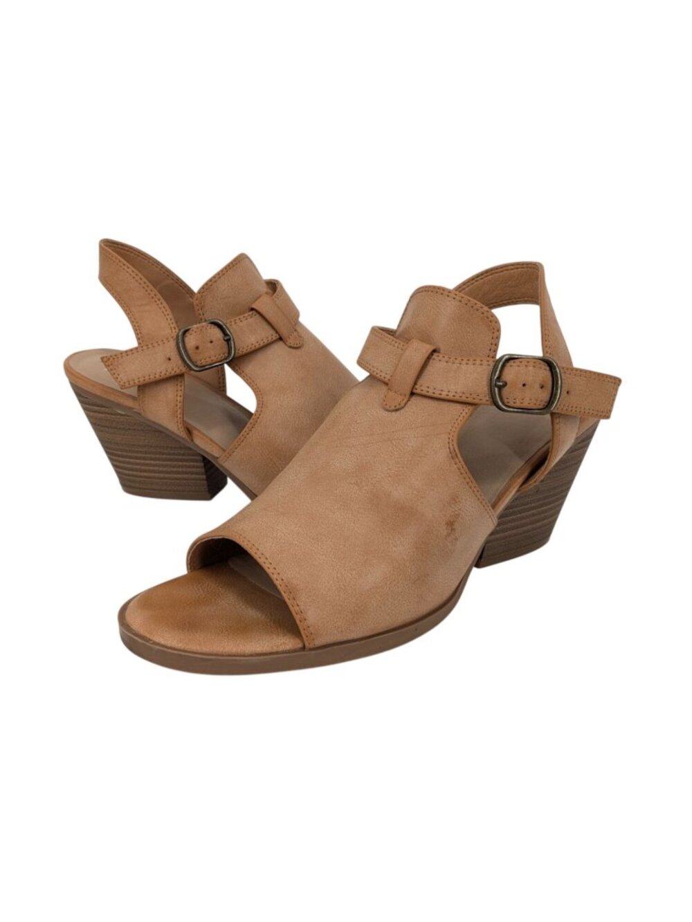 Frye & Co Gaia Tan Faux Leather Block Heel Sandal Ankle Strap Y2K Casual Size 10